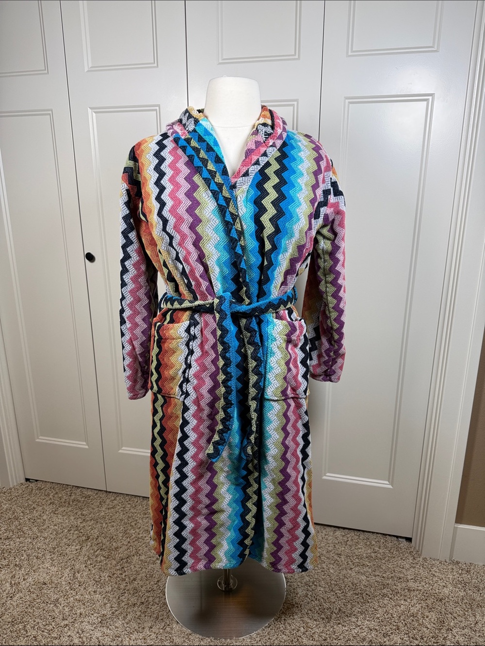 Missoni Milano Size L Multicolor Zigzag Cotton Terry Hooded Robe